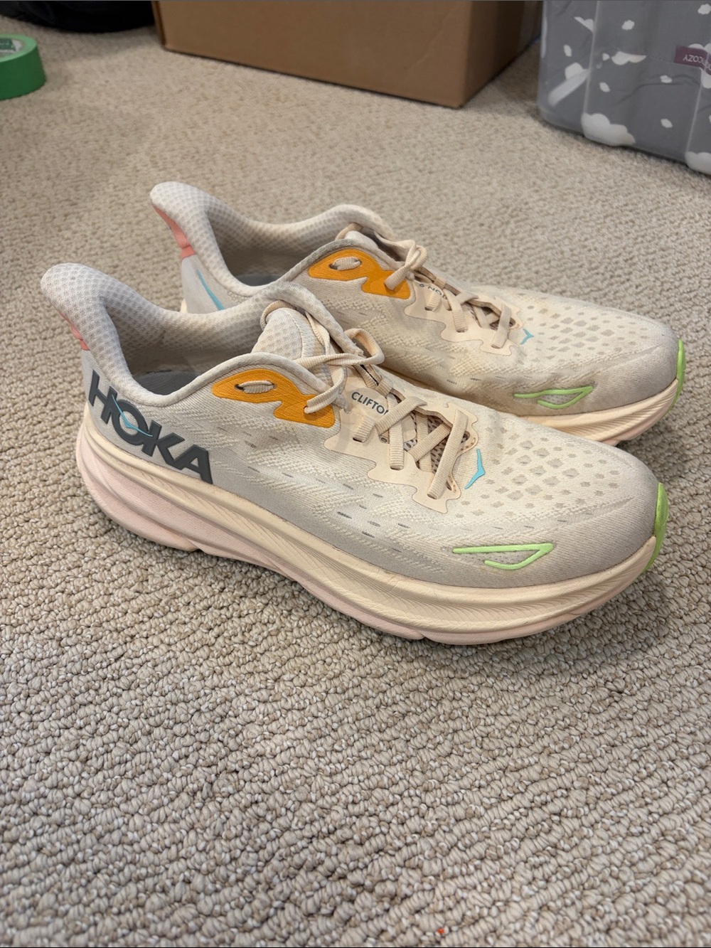 Hoka Lightweight Running Shoes in Beige with Orange, Green, Blue Accents